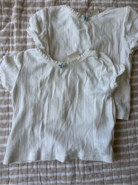 GAP x Doen white pointelle t-shorts with blue bow and lace detail